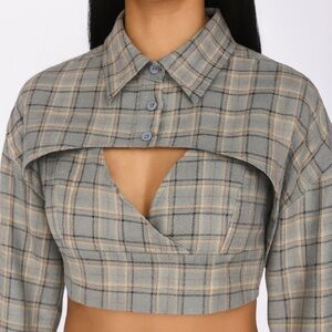 Cider Plaid Cutout Flannel-Camisole Two-Piece Crop Top